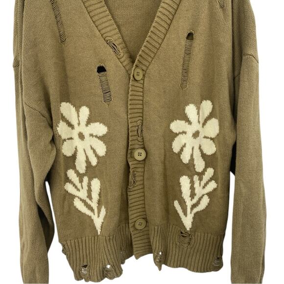 Reclaimed Vintage unisex cardigan distressing flower graphic in khaki green XS 2 - Picture 3 of 6
